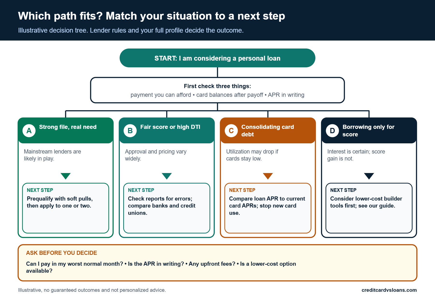 Decision tree matching credit score tier to a personal loan next step