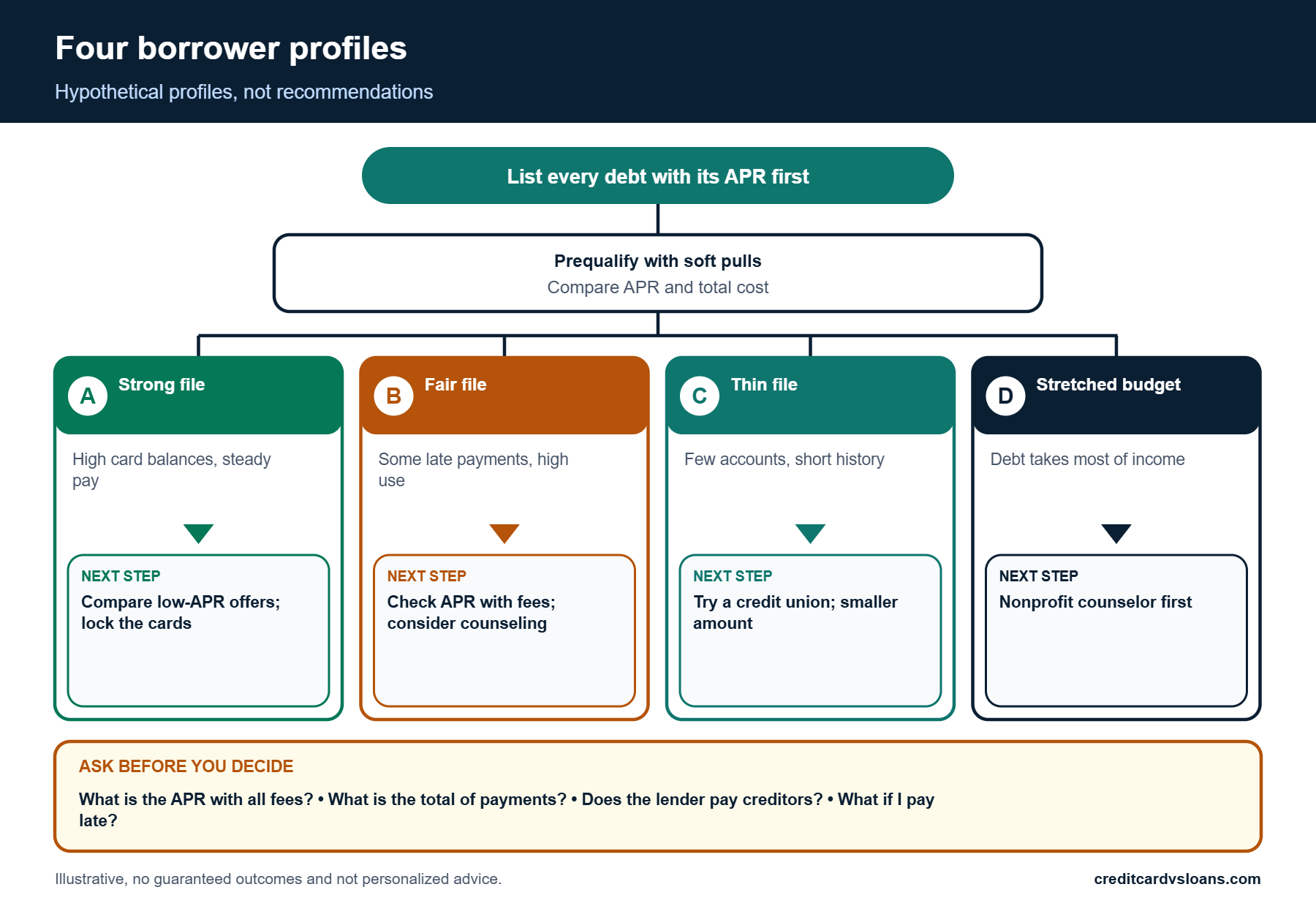 Infographic of four borrower profiles and questions to ask before consolidating debt