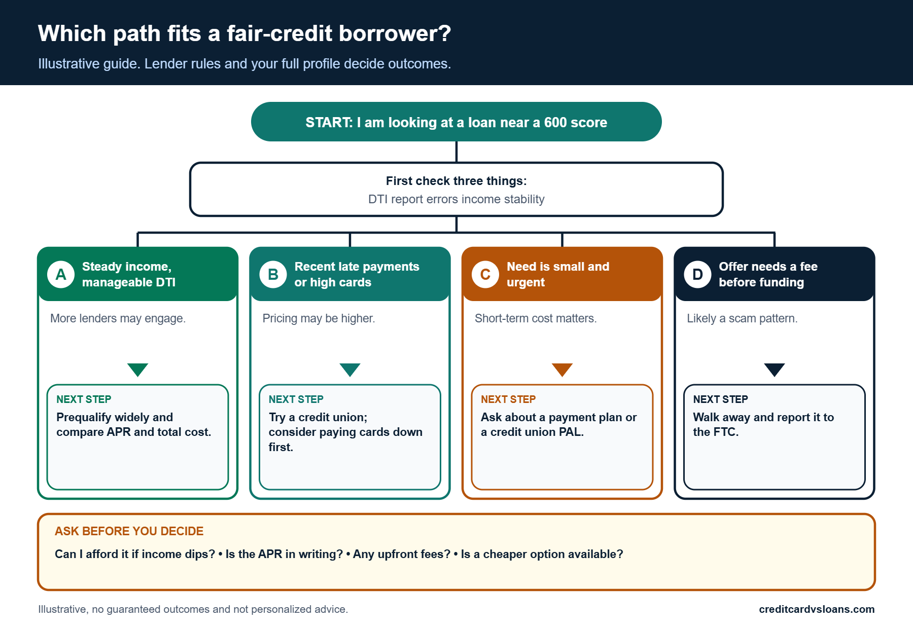 Decision paths for borrowers with fair credit choosing between lenders and alternatives