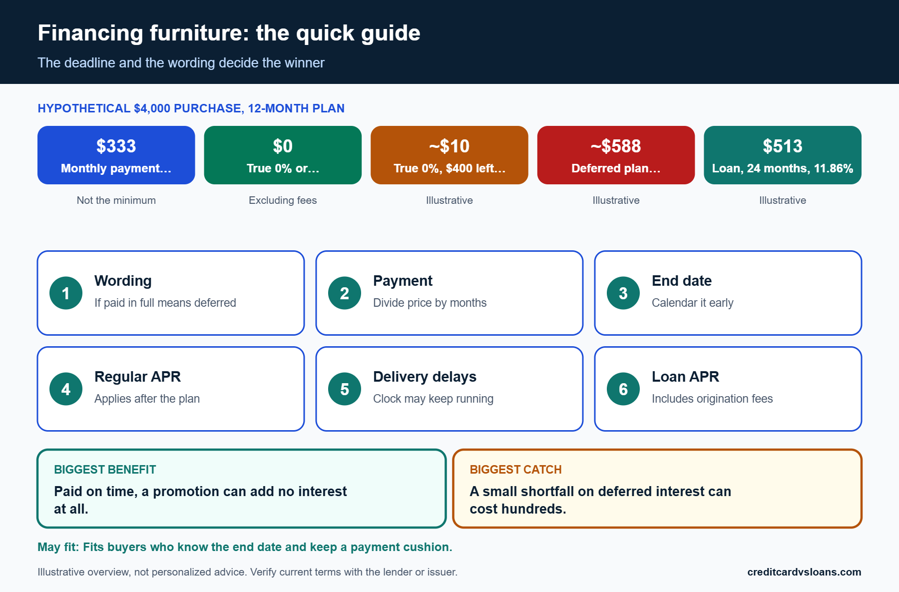 Decision summary infographic for financing a furniture purchase with a 0% card, store plan or loan