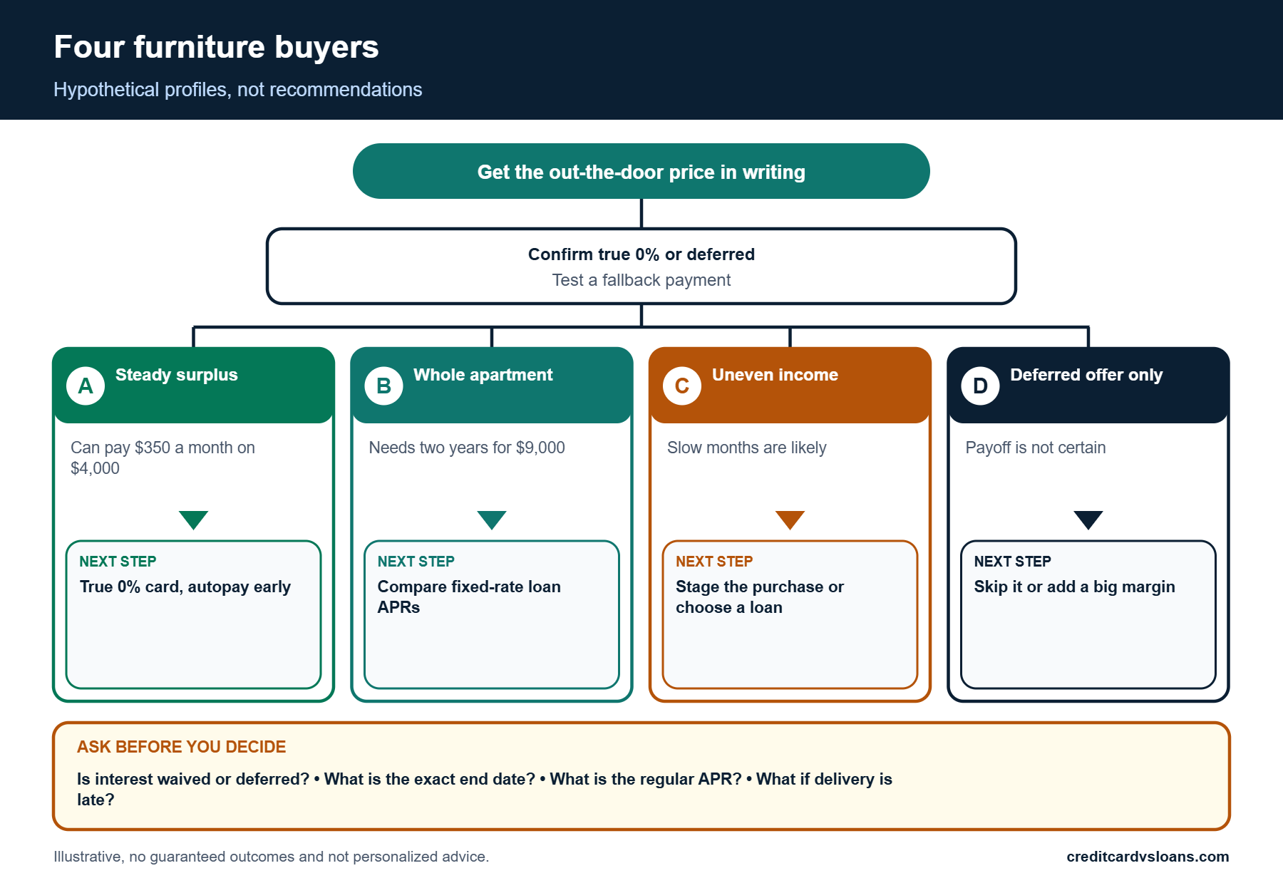 Infographic of four furniture buyer scenarios and questions to ask before financing
