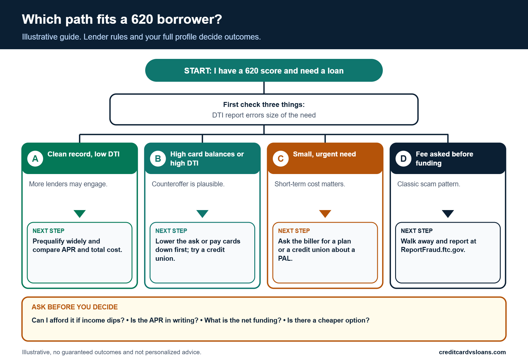 Decision paths for a borrower with a 620 score choosing lenders, counteroffers or alternatives