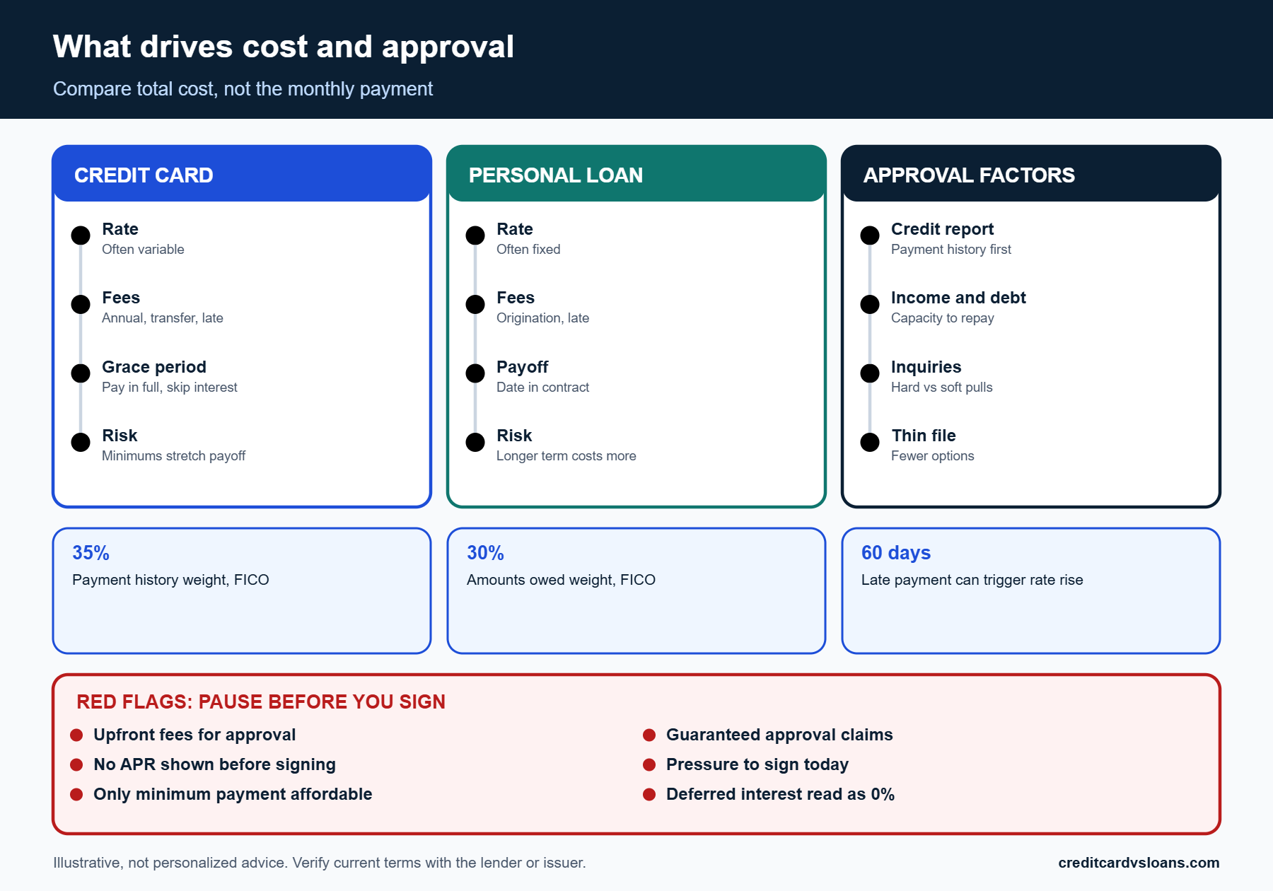 Infographic of cost and eligibility factors that separate a credit card from a personal loan