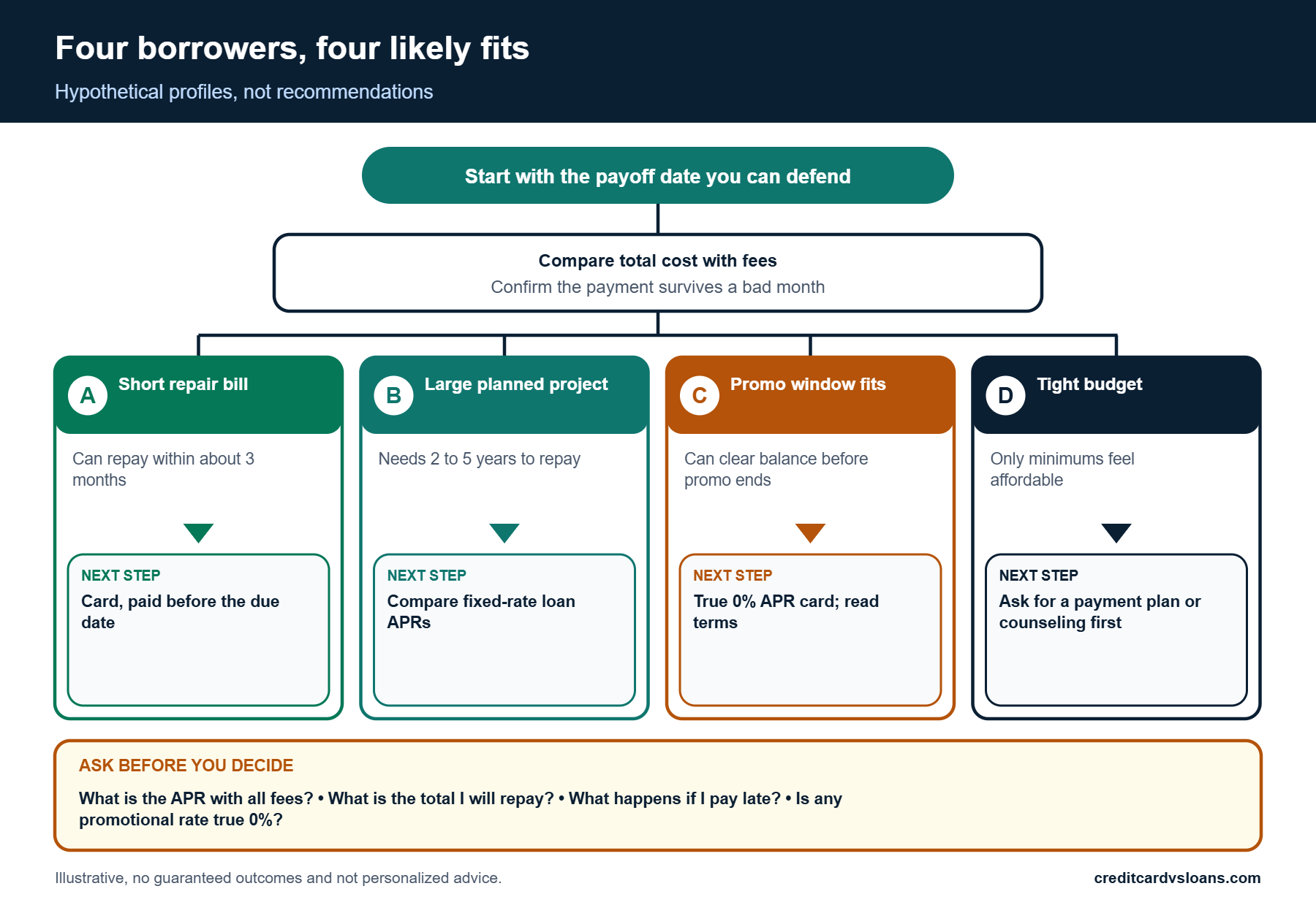 Infographic of four borrowing scenarios and the questions to ask before choosing a card or a loan