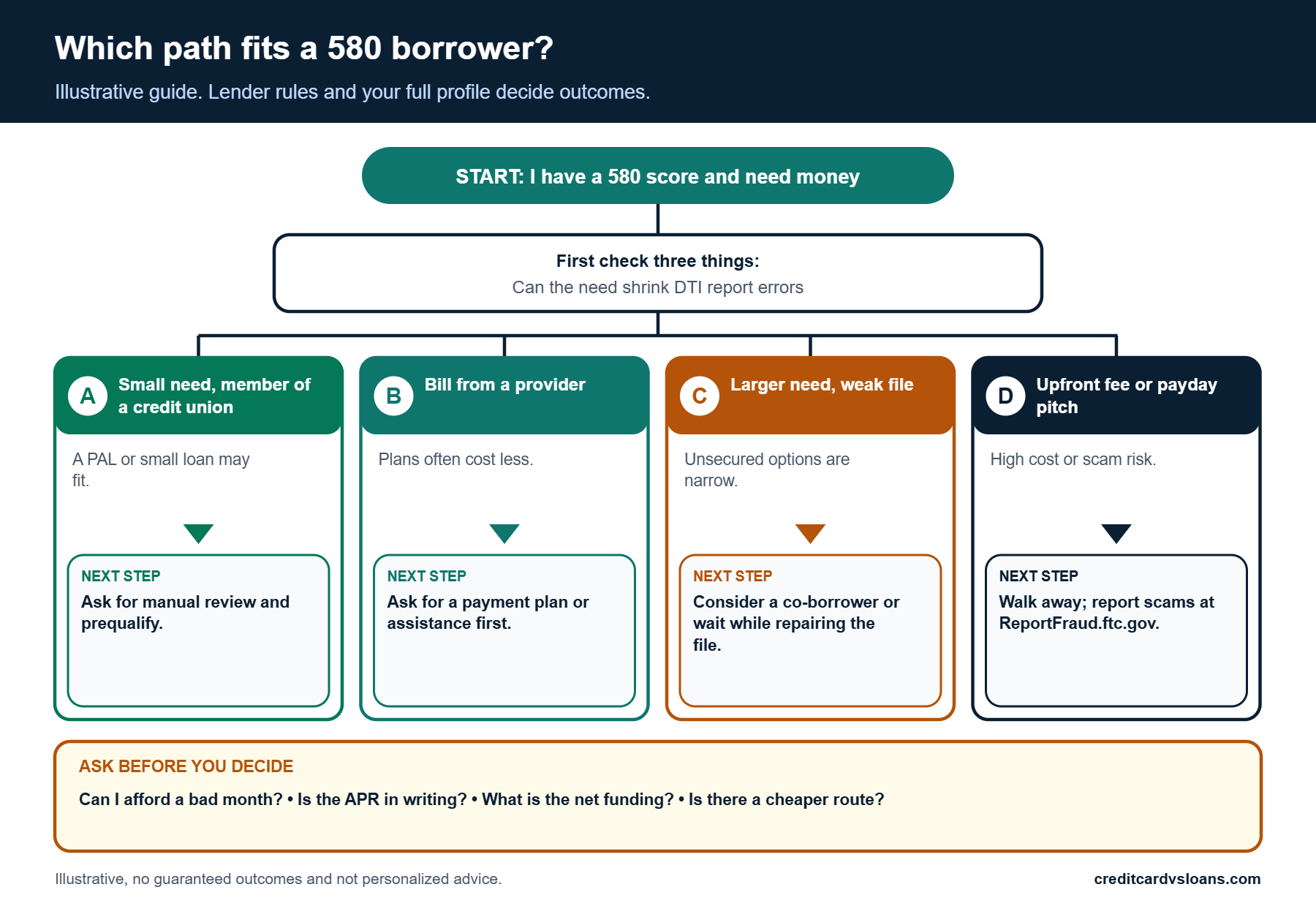 Decision paths for a 580-score borrower choosing between credit unions, small loans and alternatives