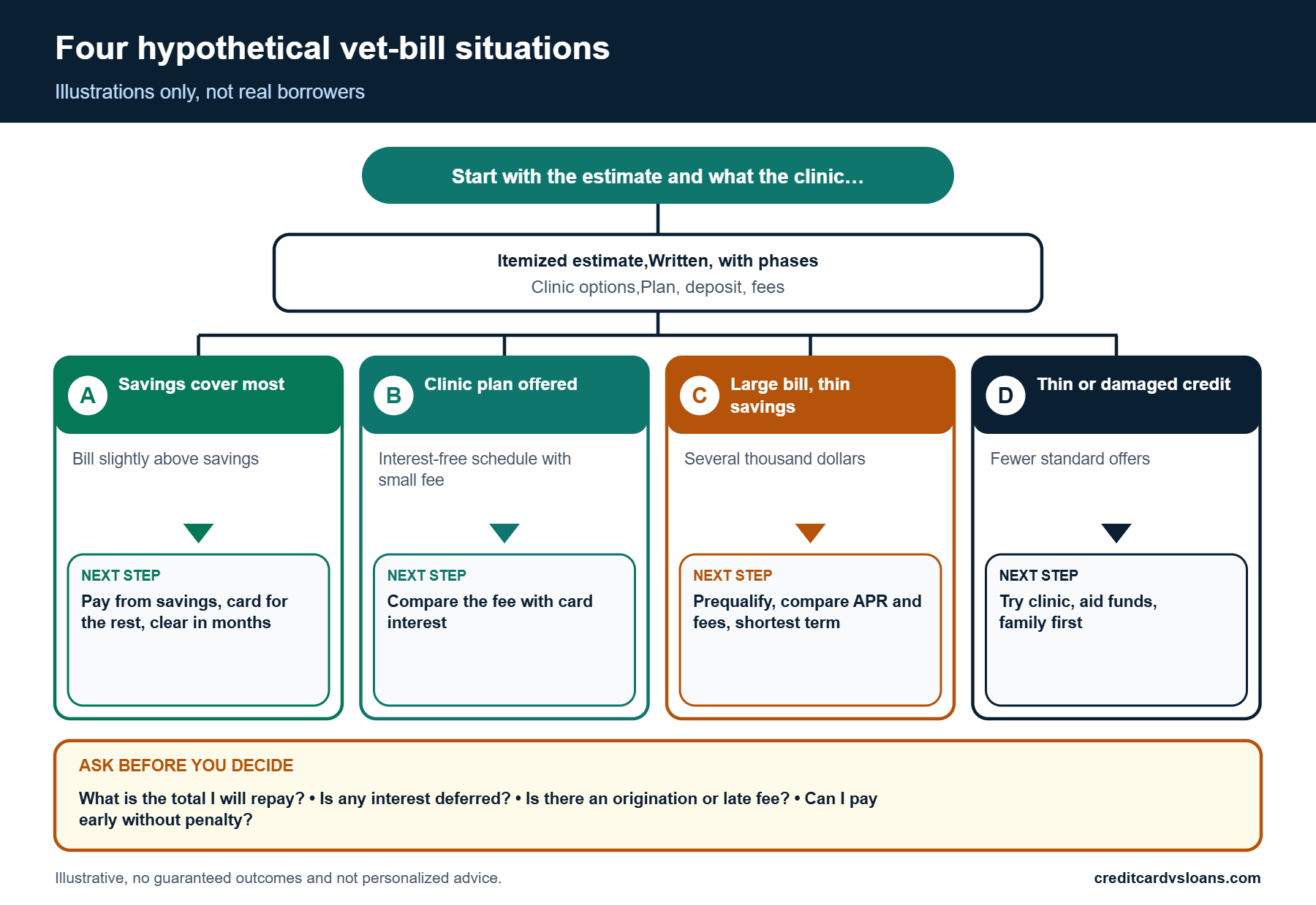 Infographic with four hypothetical vet bill scenarios and the questions to ask before choosing a payment method