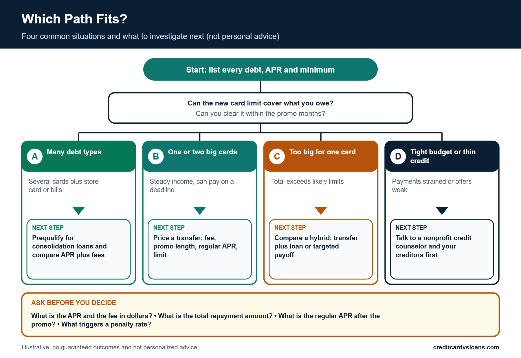 Decision tree showing four borrower scenarios and which debt consolidation loan vs balance transfer path to investigate