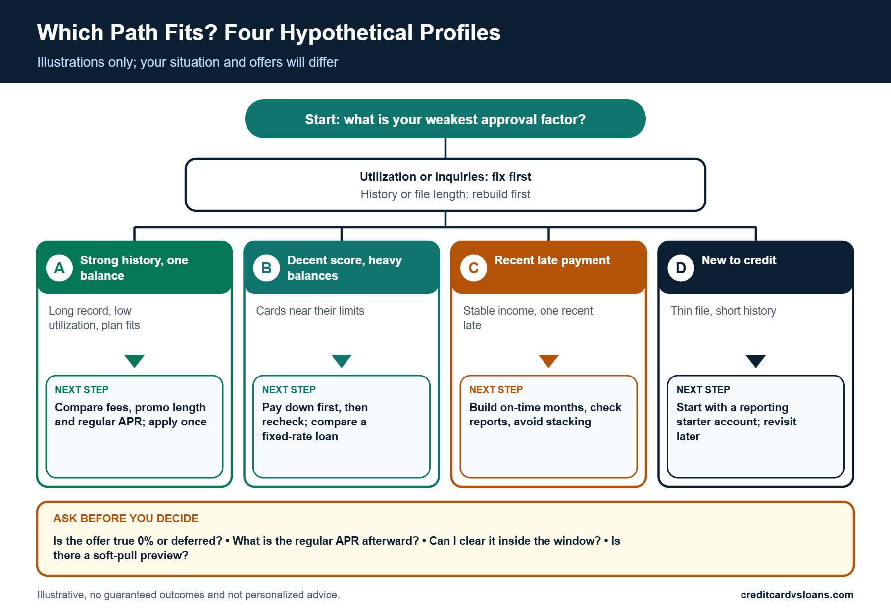What Credit Score Do You Need for a 0% APR Credit Card? 4 Decision flow matching four borrower profiles to next steps for a 0% APR credit card application