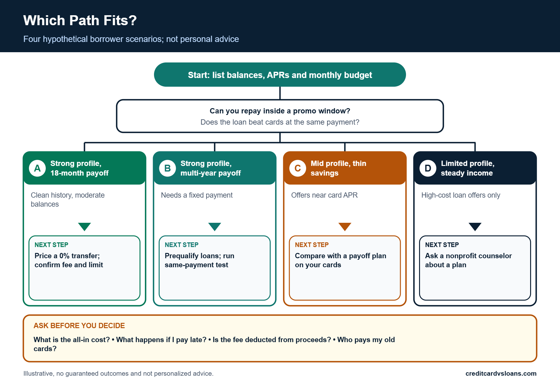 Credit Card Debt Consolidation: Best Options by Credit Profile 4 Decision tree showing which credit card debt consolidation path fits four borrower scenarios