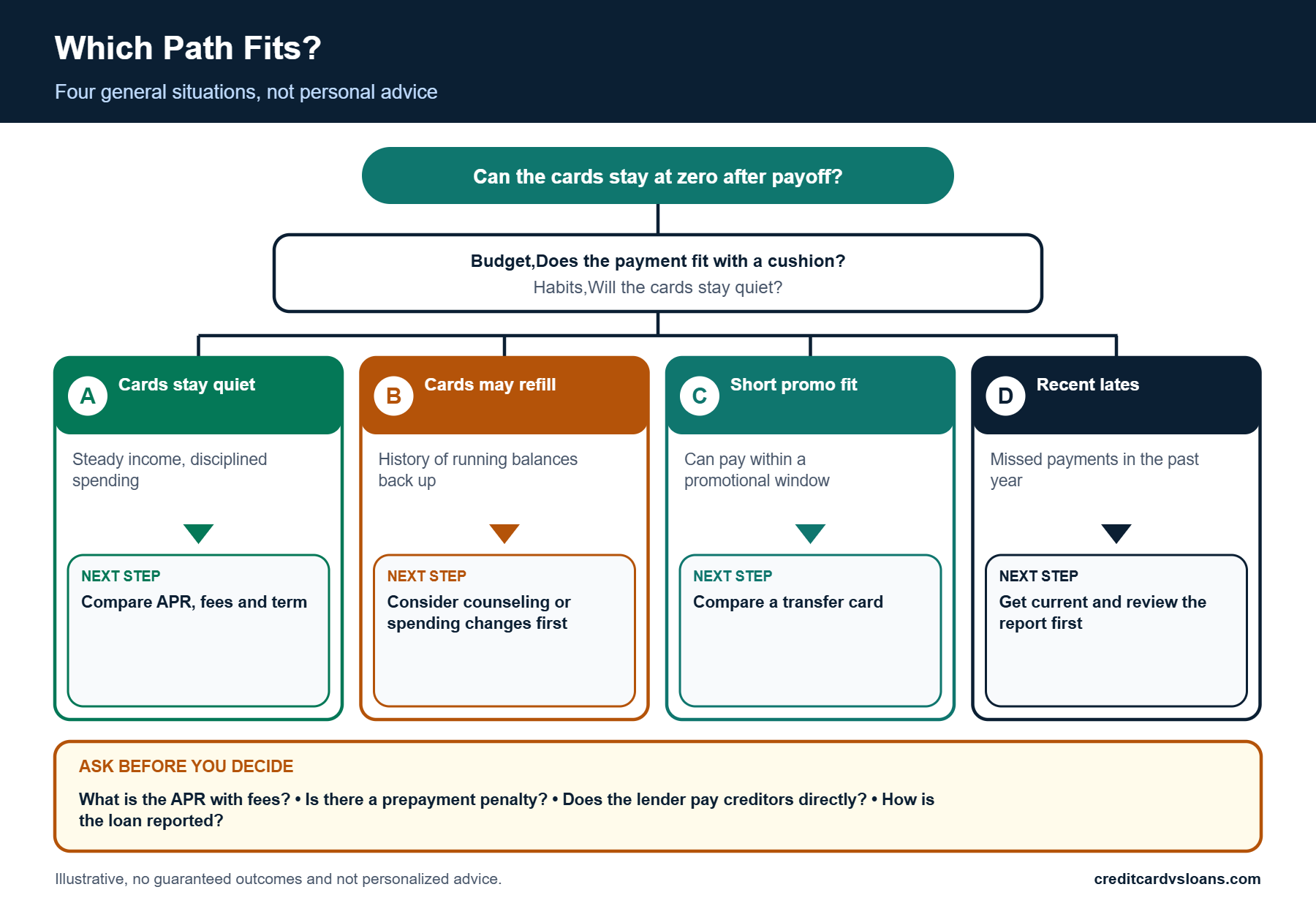 What Happens to Your Credit Score After Debt Consolidation? 4 Decision tree with four borrower situations for a debt consolidation loan and a next step for each