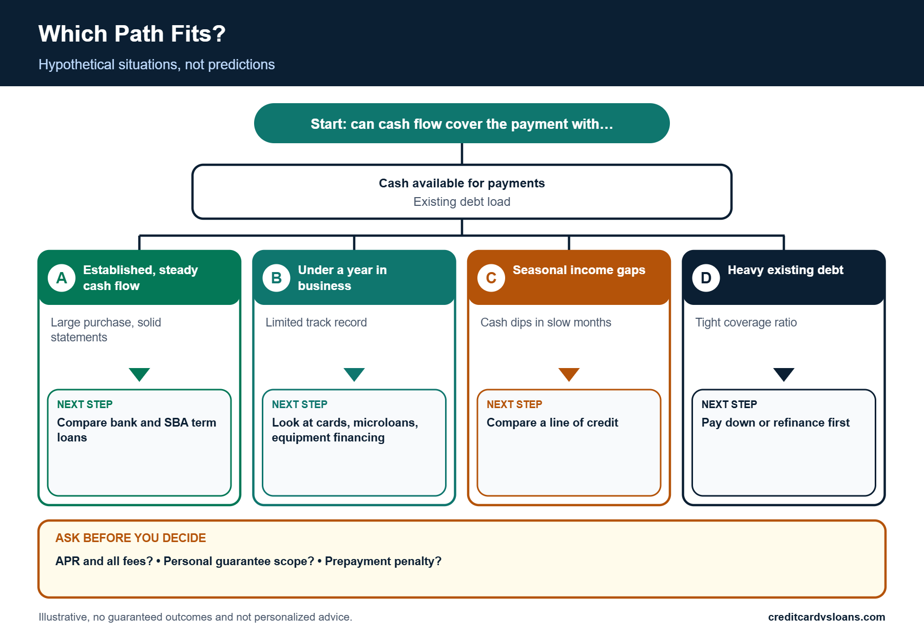 Business Loan Requirements: Revenue, Time in Business and Credit 4 Decision-flow infographic matching four business borrower situations to financing paths based on business loan requirements