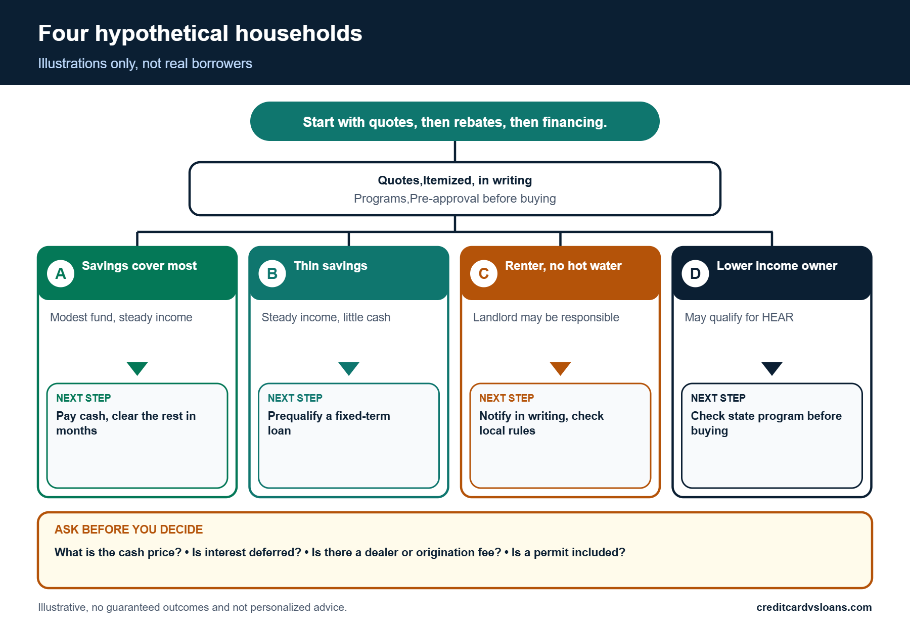Infographic with four hypothetical household scenarios for paying for a water heater replacement