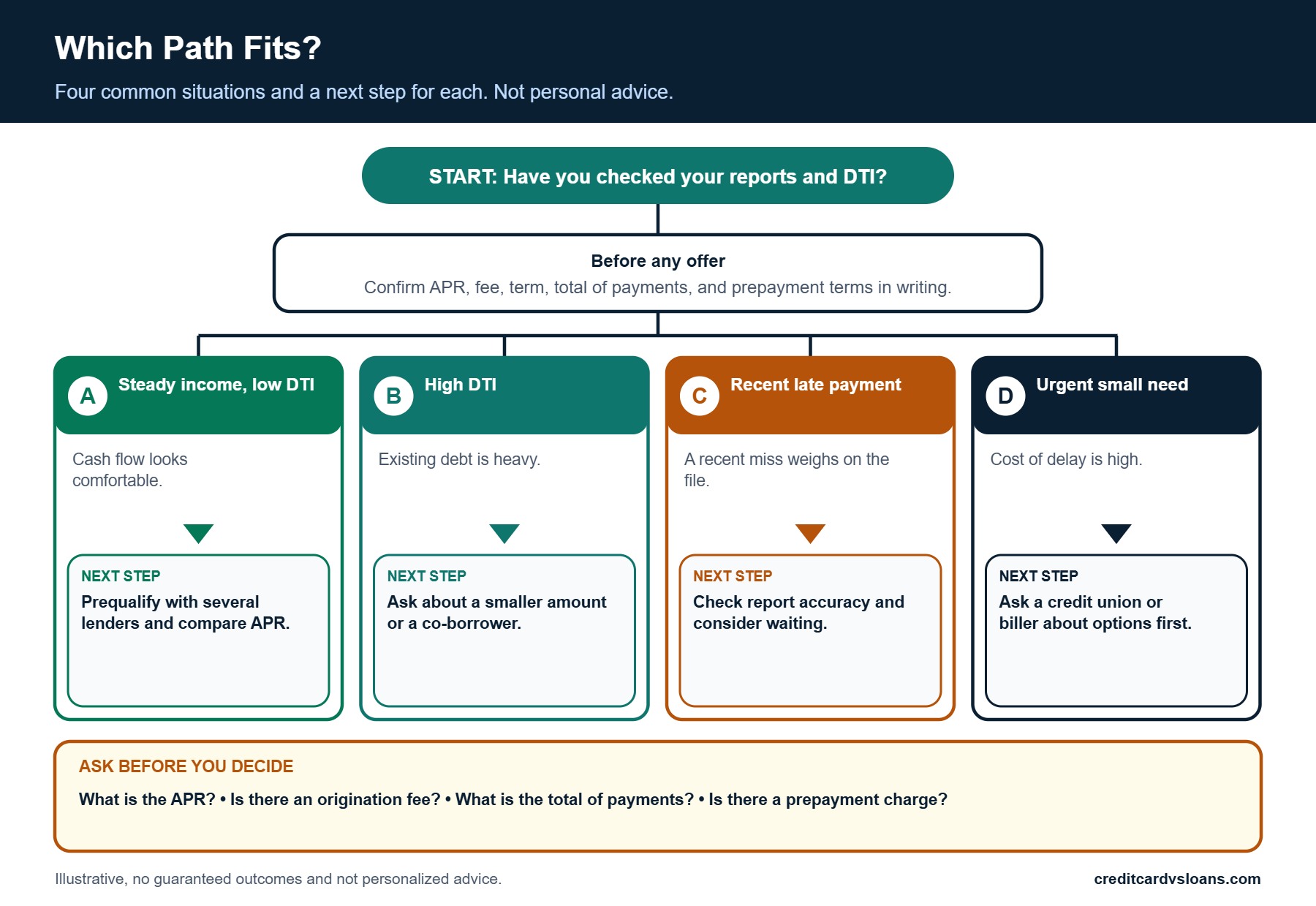 Personal Loan With a 650 Credit Score: Approval and Rate Factors 4 Decision tree matching four borrower situations to next steps for a personal loan at a 650 credit score