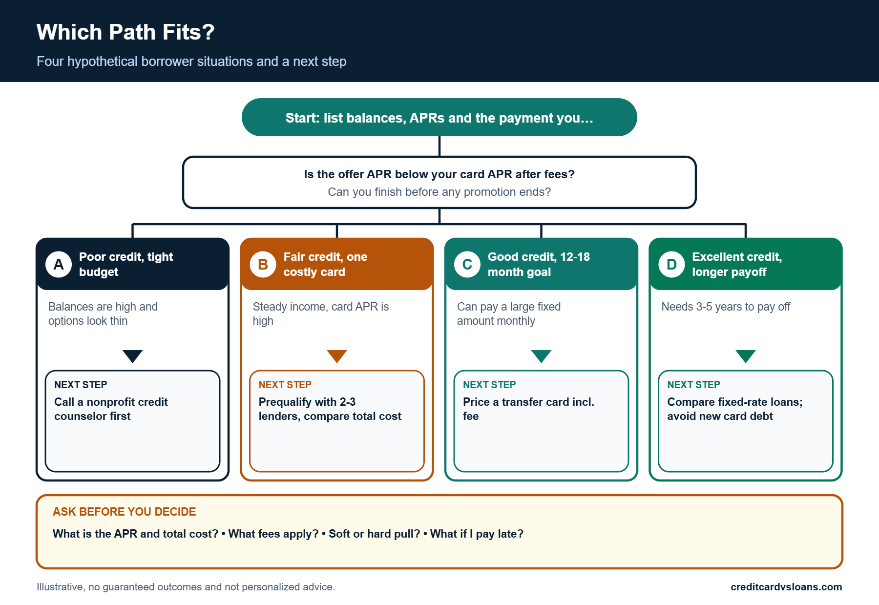 Decision tree matching four borrower scenarios to a debt payoff path, from poor credit counseling to excellent-credit promotional offers