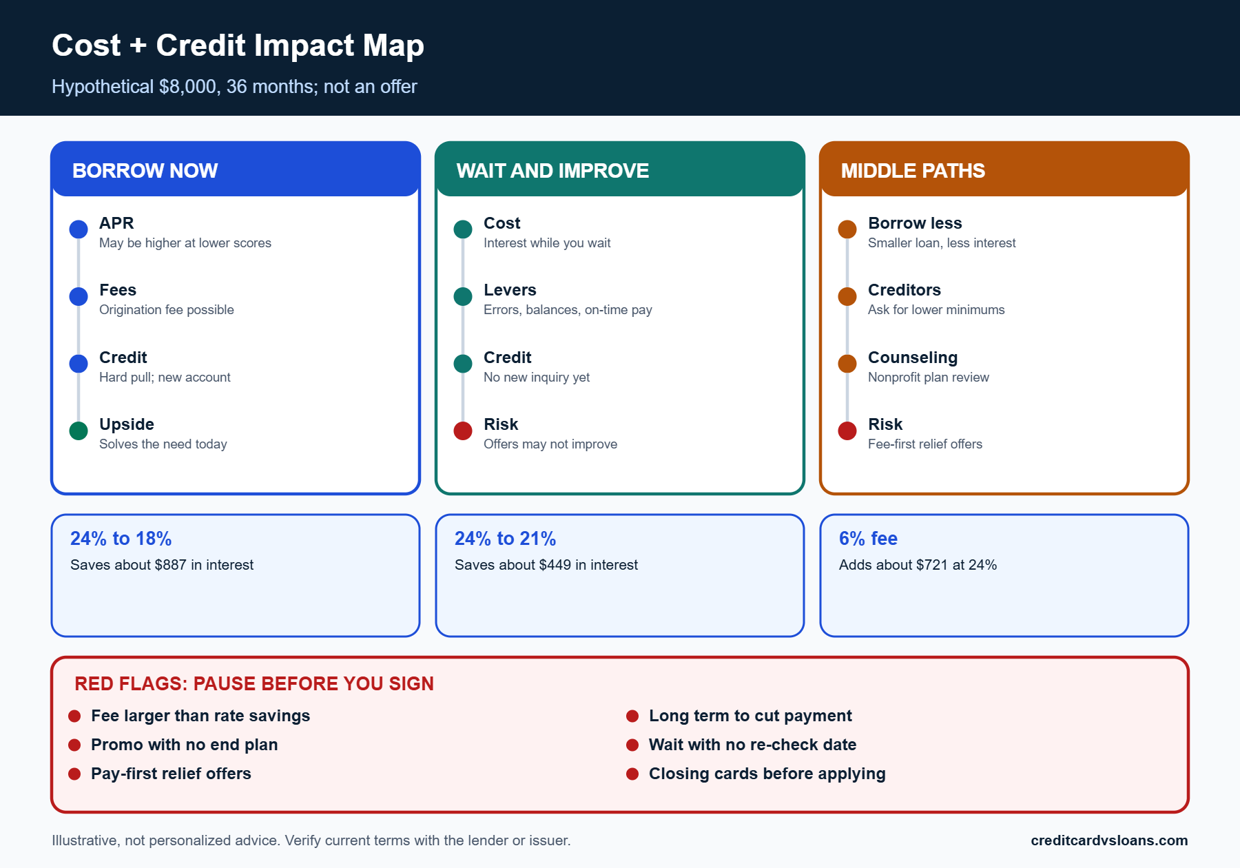 Cost and credit impact map comparing borrowing now with waiting, including hypothetical rate savings, fees and risk callouts