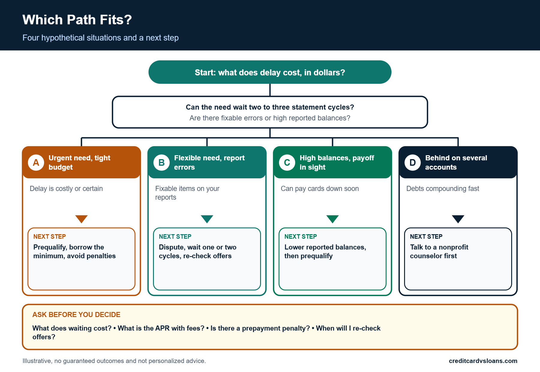 Decision tree matching four borrower situations to borrow now, wait, borrow less or ask creditors for relief